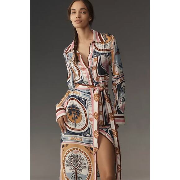 Anthropologie | Dresses | Anthropologie Farm Rio Cerrado Stamps Longsleeve  Midi Shirt Dress Small Nwt | Poshmark